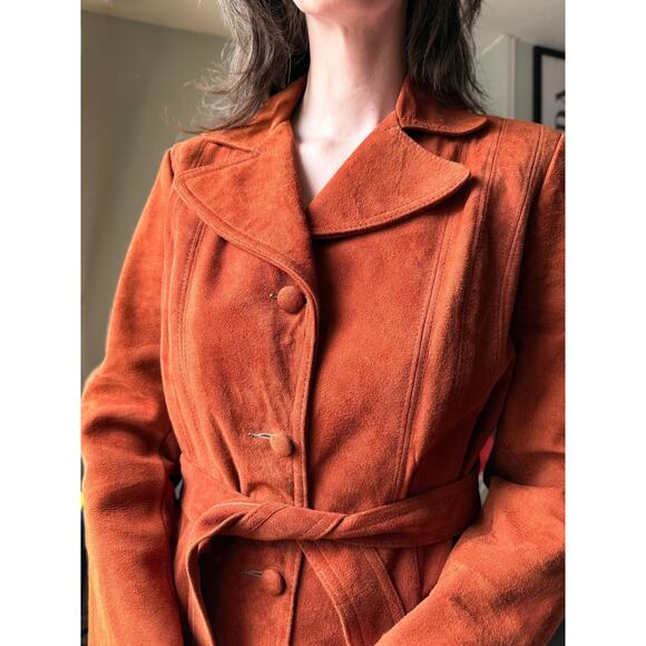 Vintage 70s Suede Trench Coat | Rust Orange Belted Maxi Jacket | Size M - Picture 4 of 13